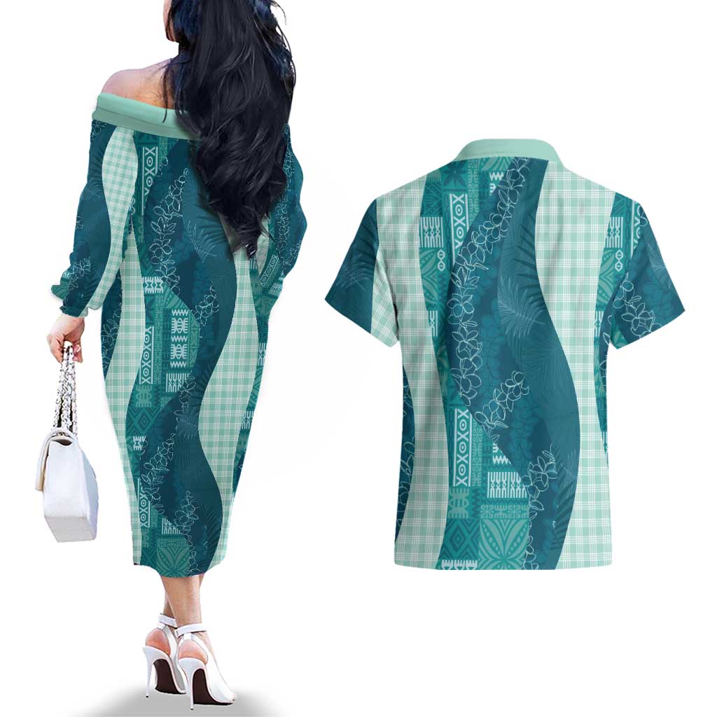 Polynesian Tribal Pattern Patchwork Picturesque Couples Matching Off The Shoulder Long Sleeve Dress and Hawaiian Shirt Oceanic