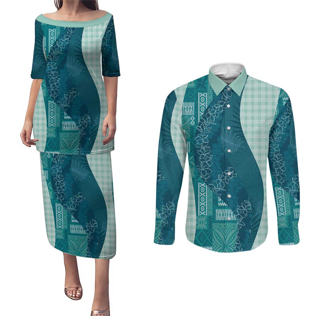 Polynesian Tribal Pattern Patchwork Picturesque Couples Matching Puletasi and Long Sleeve Button Shirt Oceanic LT7 Blue - Polynesian Pride