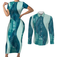 Polynesian Tribal Pattern Patchwork Picturesque Couples Matching Short Sleeve Bodycon Dress and Long Sleeve Button Shirt Oceanic