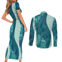 Polynesian Tribal Pattern Patchwork Picturesque Couples Matching Short Sleeve Bodycon Dress and Long Sleeve Button Shirt Oceanic