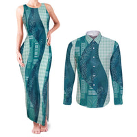 Polynesian Tribal Pattern Patchwork Picturesque Couples Matching Tank Maxi Dress and Long Sleeve Button Shirt Oceanic LT7 Blue - Polynesian Pride