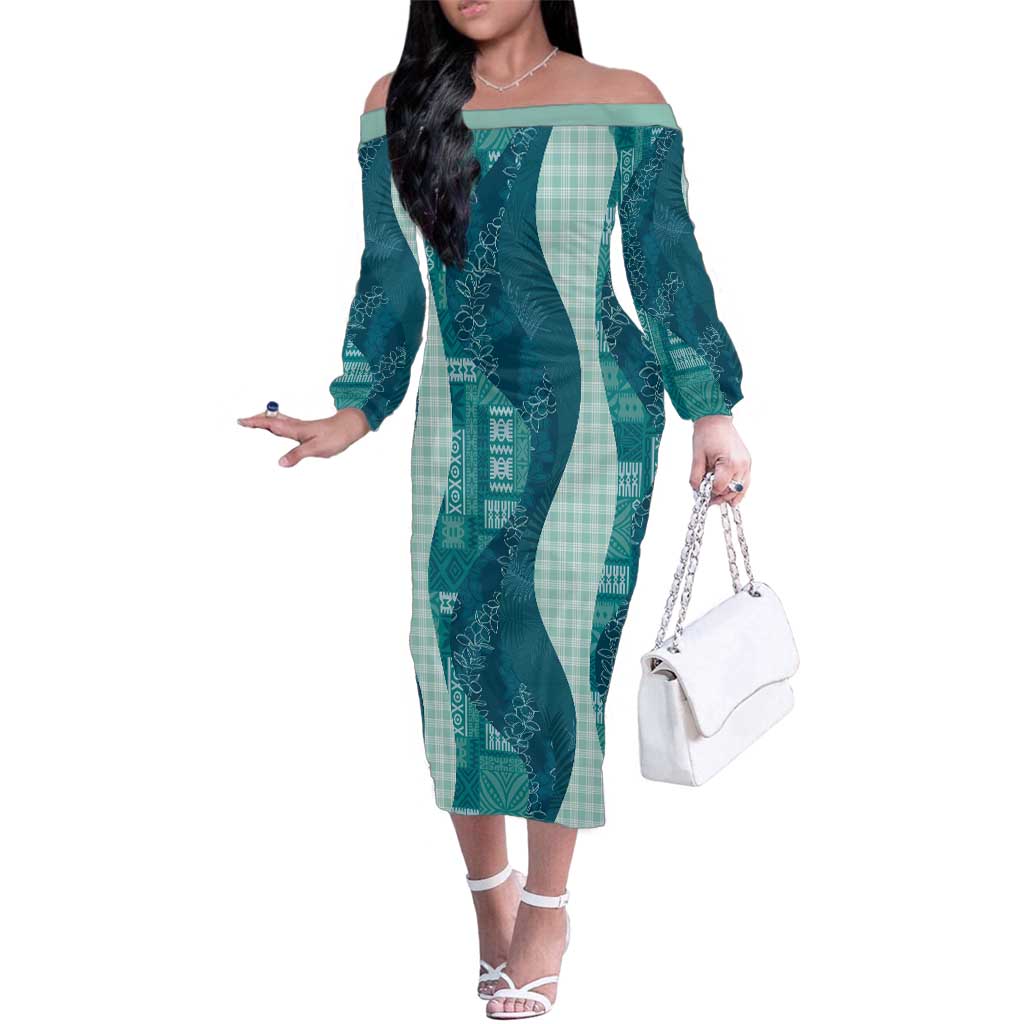 Polynesian Tribal Pattern Patchwork Picturesque Family Matching Off The Shoulder Long Sleeve Dress and Hawaiian Shirt Oceanic LT7 Mom's Dress Blue - Polynesian Pride