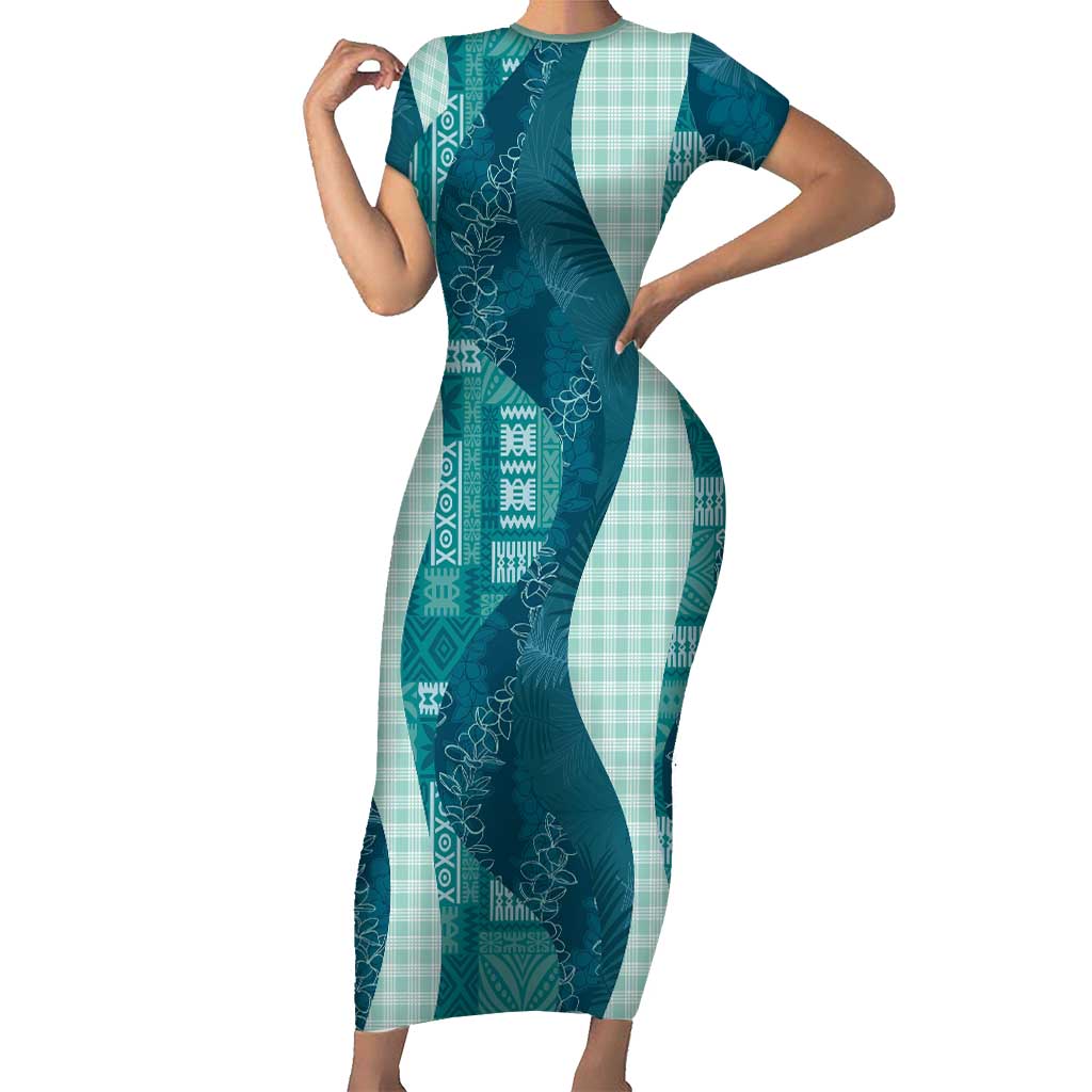 Polynesian Tribal Pattern Patchwork Picturesque Family Matching Short Sleeve Bodycon Dress and Hawaiian Shirt Oceanic LT7 Mom's Dress Blue - Polynesian Pride