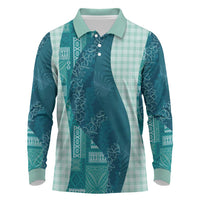 Polynesian Tribal Pattern Patchwork Picturesque Long Sleeve Polo Shirt Oceanic LT7 Blue - Polynesian Pride