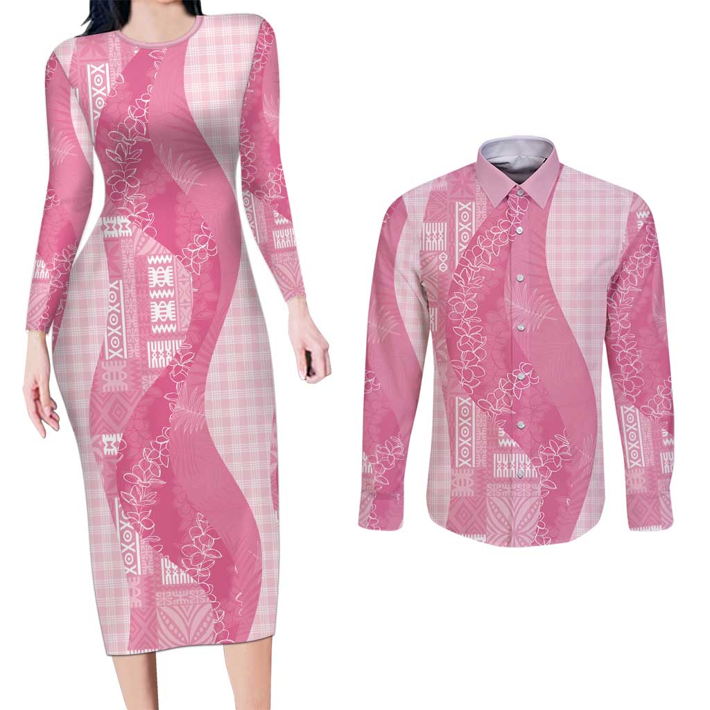 Polynesian Tribal Pattern Patchwork Picturesque Couples Matching Long Sleeve Bodycon Dress and Long Sleeve Button Shirt Rose Pink LT7 Rose Pink - Polynesian Pride