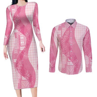 Polynesian Tribal Pattern Patchwork Picturesque Couples Matching Long Sleeve Bodycon Dress and Long Sleeve Button Shirt Rose Pink LT7 Rose Pink - Polynesian Pride