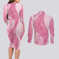 Polynesian Tribal Pattern Patchwork Picturesque Couples Matching Long Sleeve Bodycon Dress and Long Sleeve Button Shirt Rose Pink LT7 - Polynesian Pride