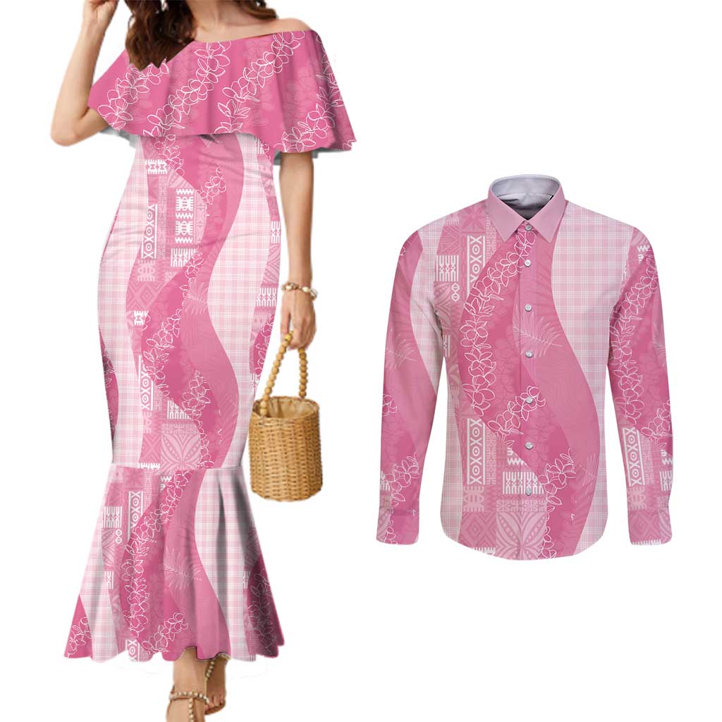 Polynesian Tribal Pattern Patchwork Picturesque Couples Matching Mermaid Dress and Long Sleeve Button Shirt Rose Pink LT7 Rose Pink - Polynesian Pride