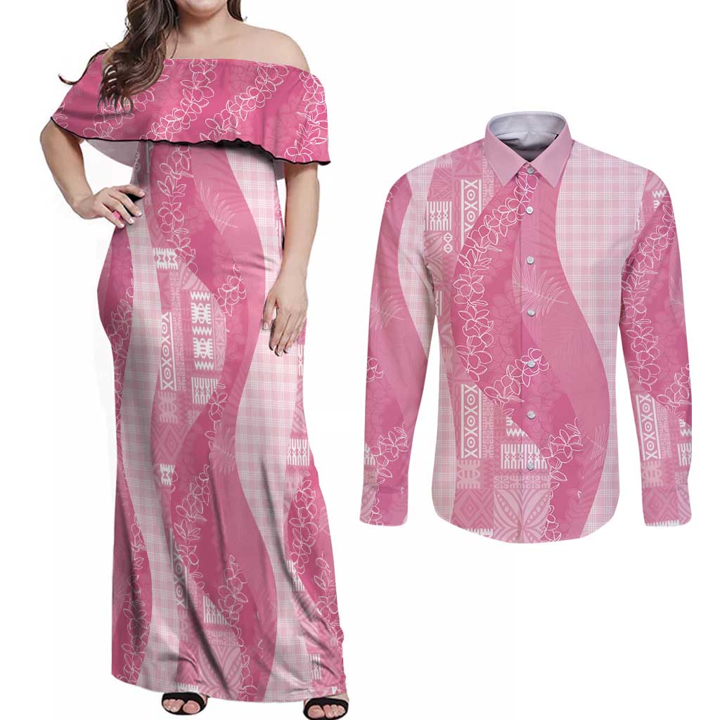 Polynesian Tribal Pattern Patchwork Picturesque Couples Matching Off Shoulder Maxi Dress and Long Sleeve Button Shirt Rose Pink LT7 Rose Pink - Polynesian Pride
