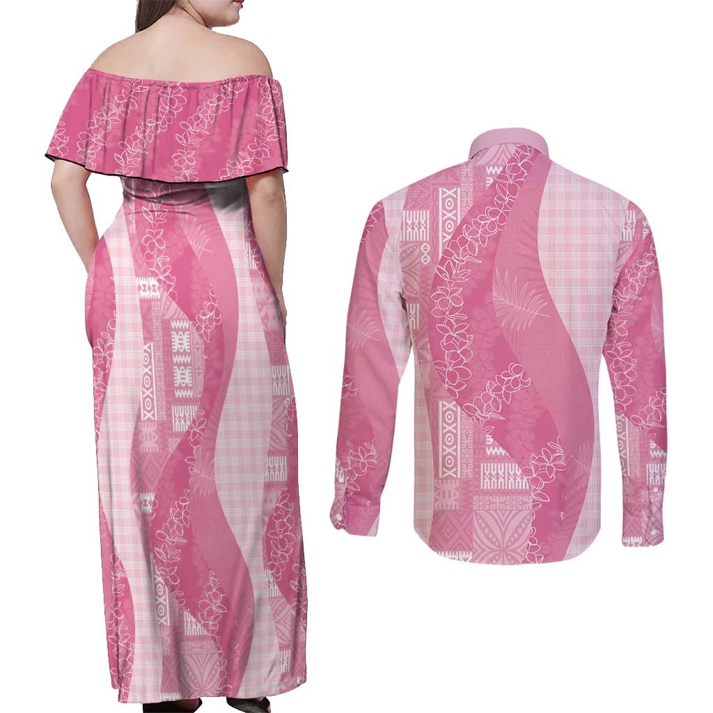 Polynesian Tribal Pattern Patchwork Picturesque Couples Matching Off Shoulder Maxi Dress and Long Sleeve Button Shirt Rose Pink LT7 - Polynesian Pride