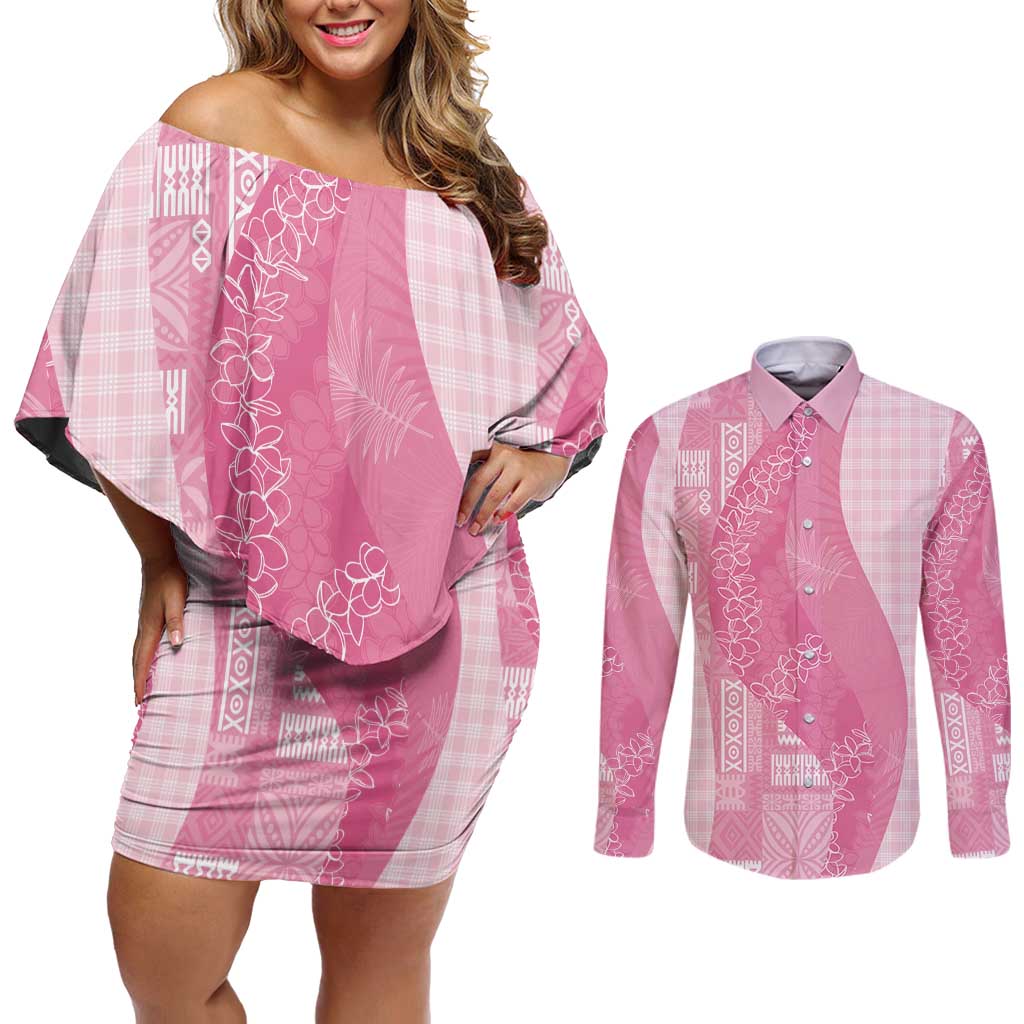 Polynesian Tribal Pattern Patchwork Picturesque Couples Matching Off Shoulder Short Dress and Long Sleeve Button Shirt Rose Pink LT7 Rose Pink - Polynesian Pride