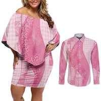Polynesian Tribal Pattern Patchwork Picturesque Couples Matching Off Shoulder Short Dress and Long Sleeve Button Shirt Rose Pink