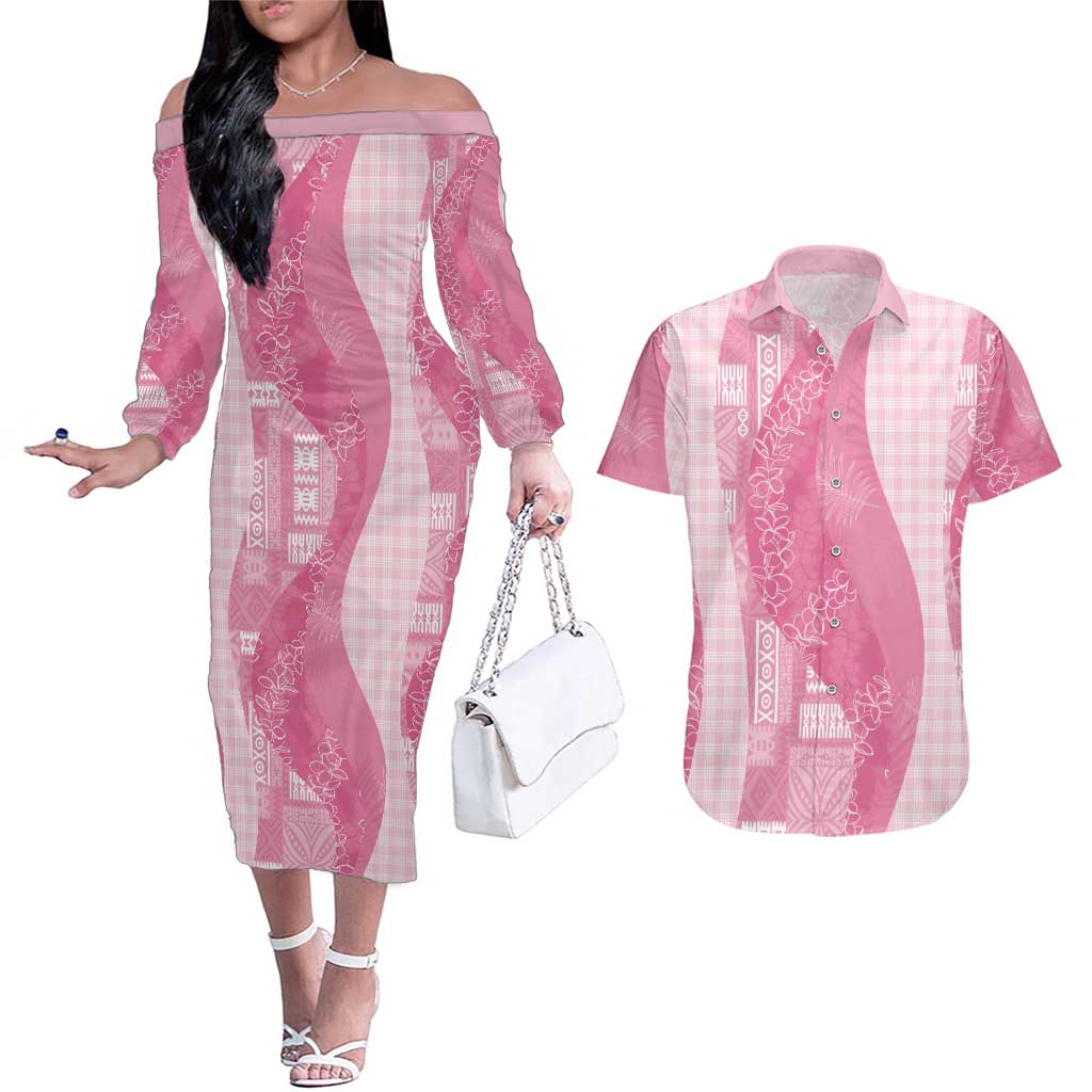 Polynesian Tribal Pattern Patchwork Picturesque Couples Matching Off The Shoulder Long Sleeve Dress and Hawaiian Shirt Rose Pink