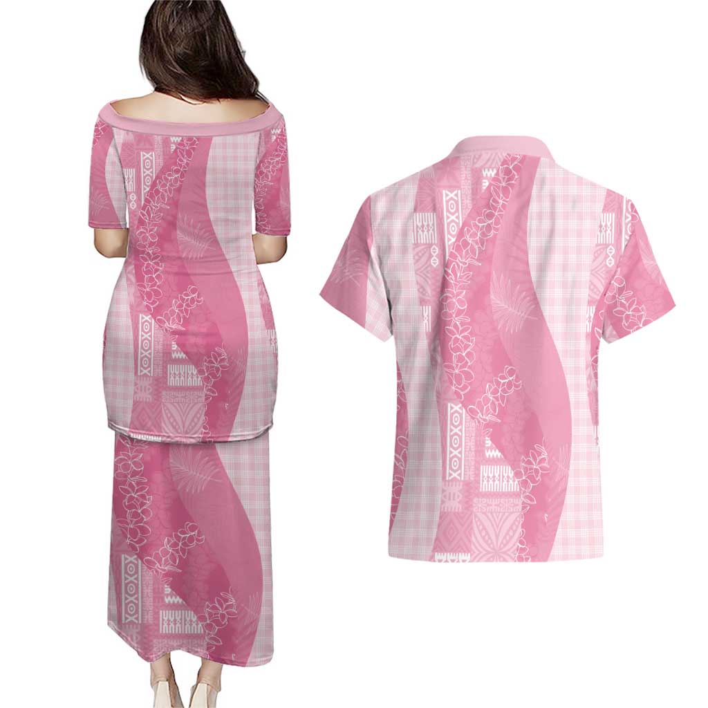 Polynesian Tribal Pattern Patchwork Picturesque Couples Matching Puletasi and Hawaiian Shirt Rose Pink