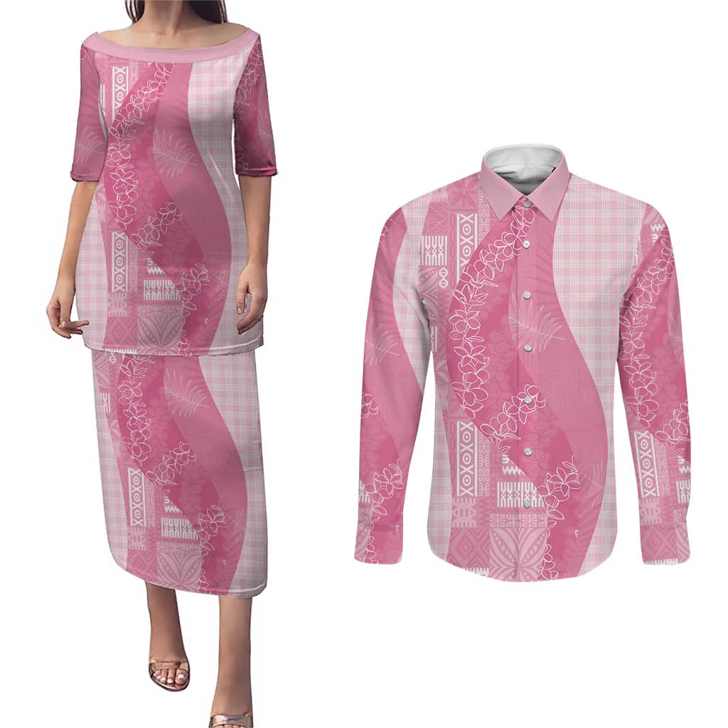 Polynesian Tribal Pattern Patchwork Picturesque Couples Matching Puletasi and Long Sleeve Button Shirt Rose Pink LT7 Rose Pink - Polynesian Pride