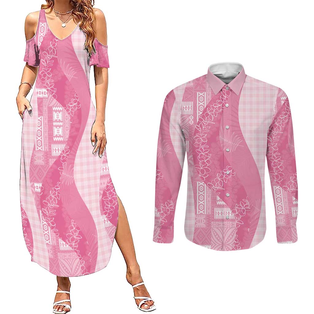 Polynesian Tribal Pattern Patchwork Picturesque Couples Matching Summer Maxi Dress and Long Sleeve Button Shirt Rose Pink LT7 Rose Pink - Polynesian Pride