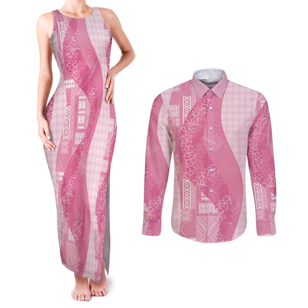 Polynesian Tribal Pattern Patchwork Picturesque Couples Matching Tank Maxi Dress and Long Sleeve Button Shirt Rose Pink LT7 Rose Pink - Polynesian Pride