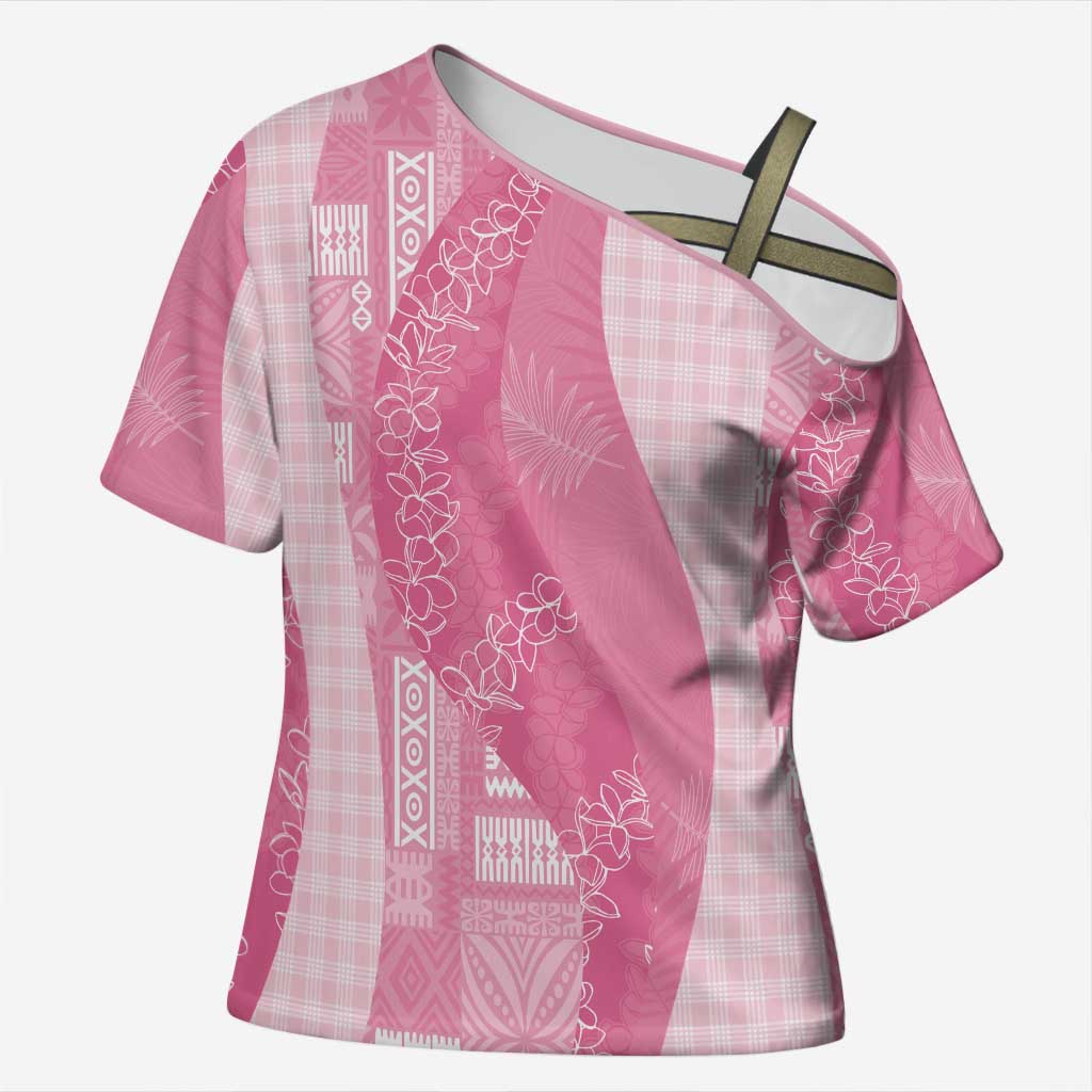 Polynesian Tribal Pattern Patchwork Picturesque Cross Shoulder Shirt Rose Pink