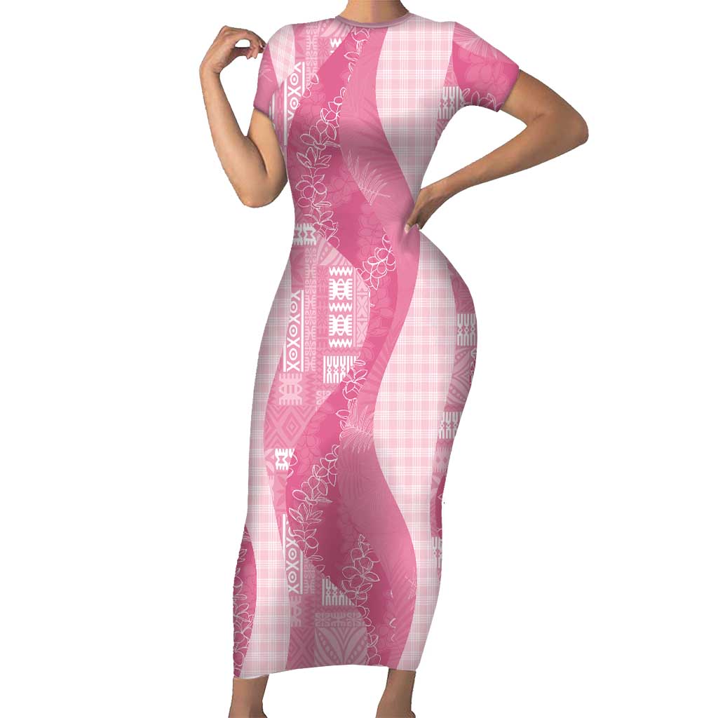 Polynesian Tribal Pattern Patchwork Picturesque Family Matching Short Sleeve Bodycon Dress and Hawaiian Shirt Rose Pink LT7 Mom's Dress Rose Pink - Polynesian Pride
