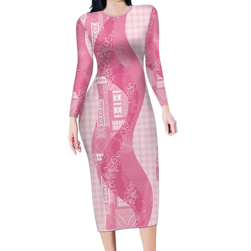 Polynesian Tribal Pattern Patchwork Picturesque Long Sleeve Bodycon Dress Rose Pink