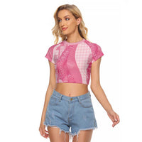 Polynesian Tribal Pattern Patchwork Picturesque Raglan Cropped T Shirt Rose Pink