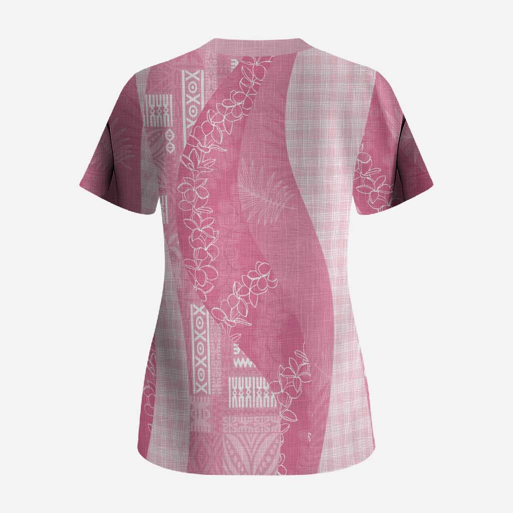 Polynesian Tribal Pattern Patchwork Picturesque Scrub Top Rose Pink