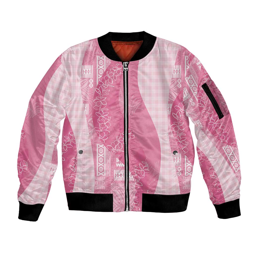 Polynesian Tribal Pattern Patchwork Picturesque Sleeve Zip Bomber Jacket Rose Pink