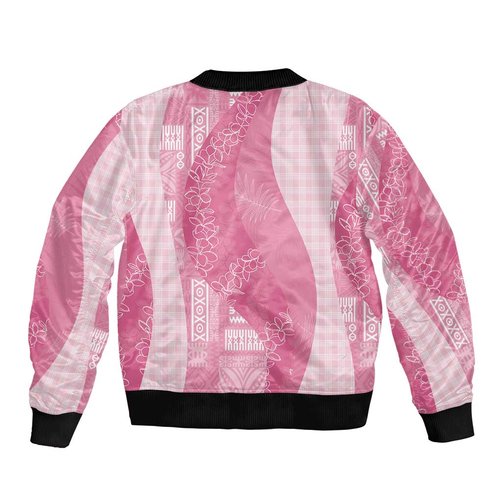 Polynesian Tribal Pattern Patchwork Picturesque Sleeve Zip Bomber Jacket Rose Pink