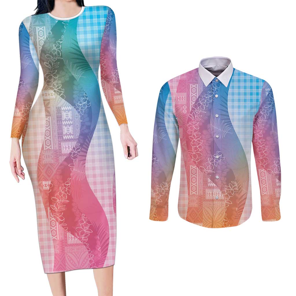 Polynesian Tribal Pattern Patchwork Picturesque Couples Matching Long Sleeve Bodycon Dress and Long Sleeve Button Shirt Holographic LT7 Holographic - Polynesian Pride