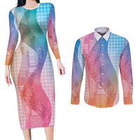 Polynesian Tribal Pattern Patchwork Picturesque Couples Matching Long Sleeve Bodycon Dress and Long Sleeve Button Shirt Holographic LT7 Holographic - Polynesian Pride