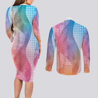 Polynesian Tribal Pattern Patchwork Picturesque Couples Matching Long Sleeve Bodycon Dress and Long Sleeve Button Shirt Holographic LT7 - Polynesian Pride