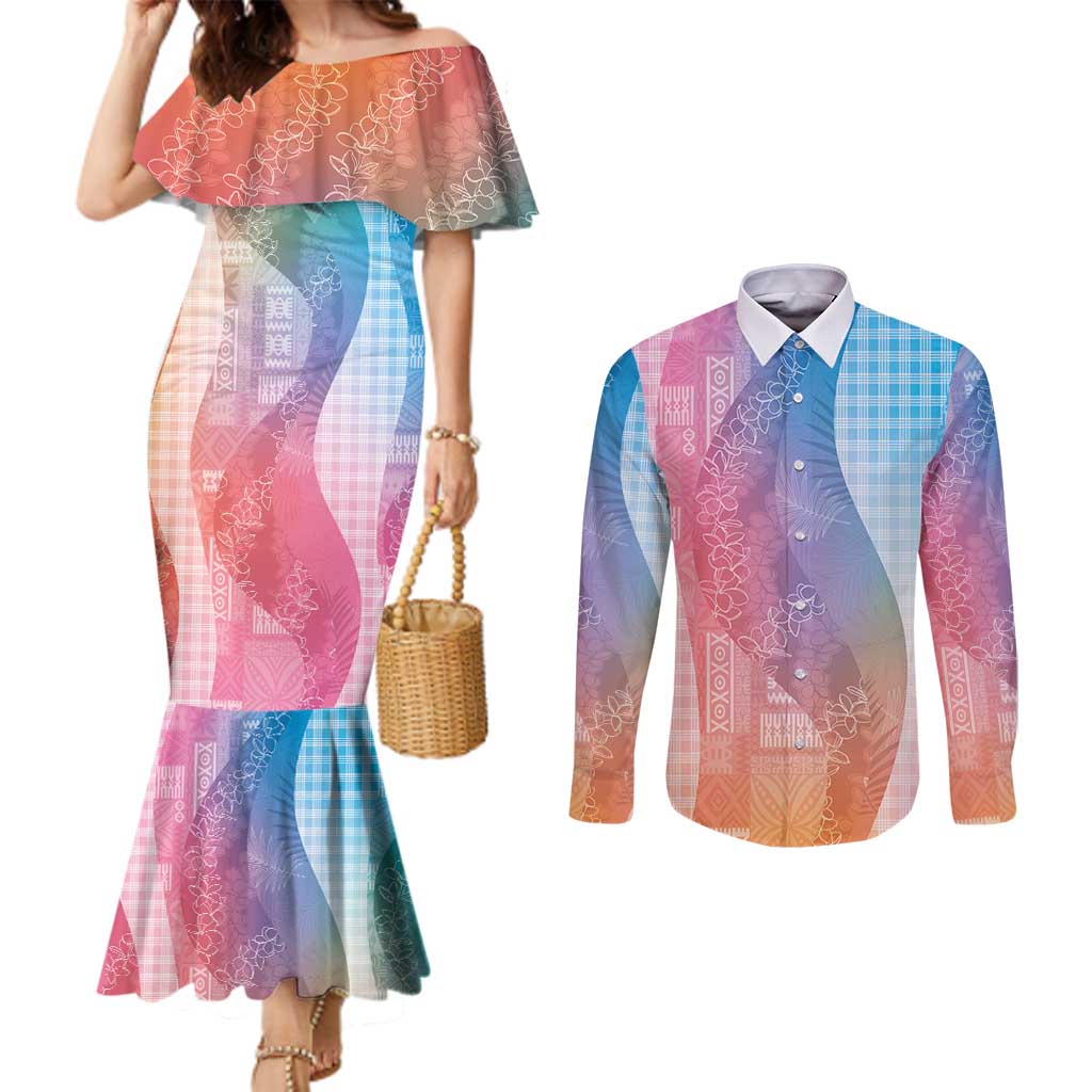 Polynesian Tribal Pattern Patchwork Picturesque Couples Matching Mermaid Dress and Long Sleeve Button Shirt Holographic LT7 Holographic - Polynesian Pride