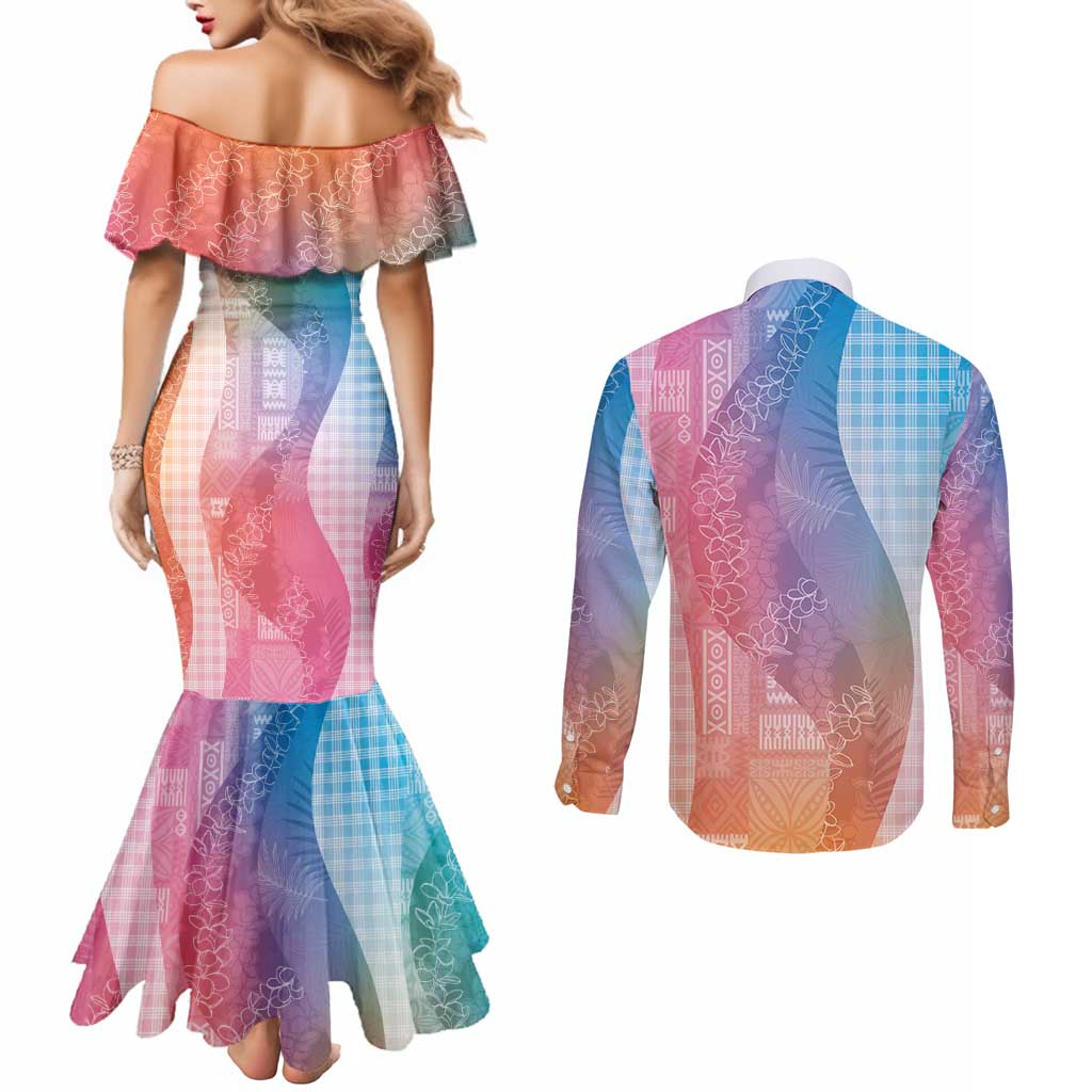 Polynesian Tribal Pattern Patchwork Picturesque Couples Matching Mermaid Dress and Long Sleeve Button Shirt Holographic