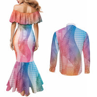 Polynesian Tribal Pattern Patchwork Picturesque Couples Matching Mermaid Dress and Long Sleeve Button Shirt Holographic