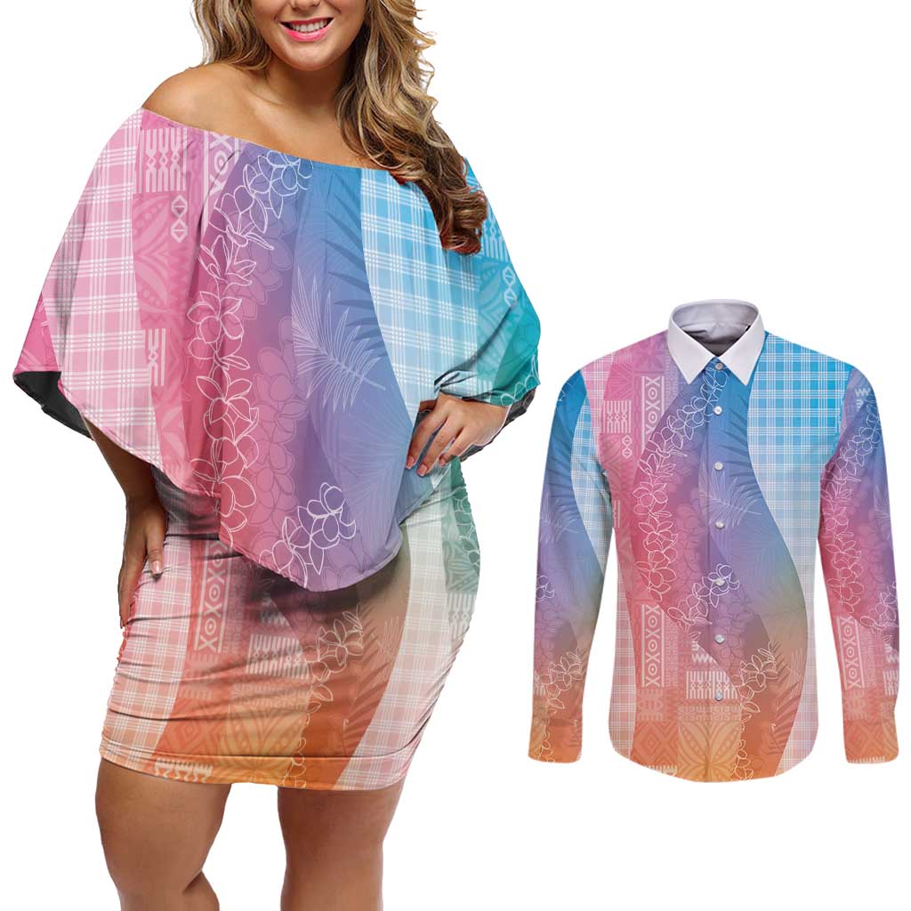Polynesian Tribal Pattern Patchwork Picturesque Couples Matching Off Shoulder Short Dress and Long Sleeve Button Shirt Holographic LT7 Holographic - Polynesian Pride