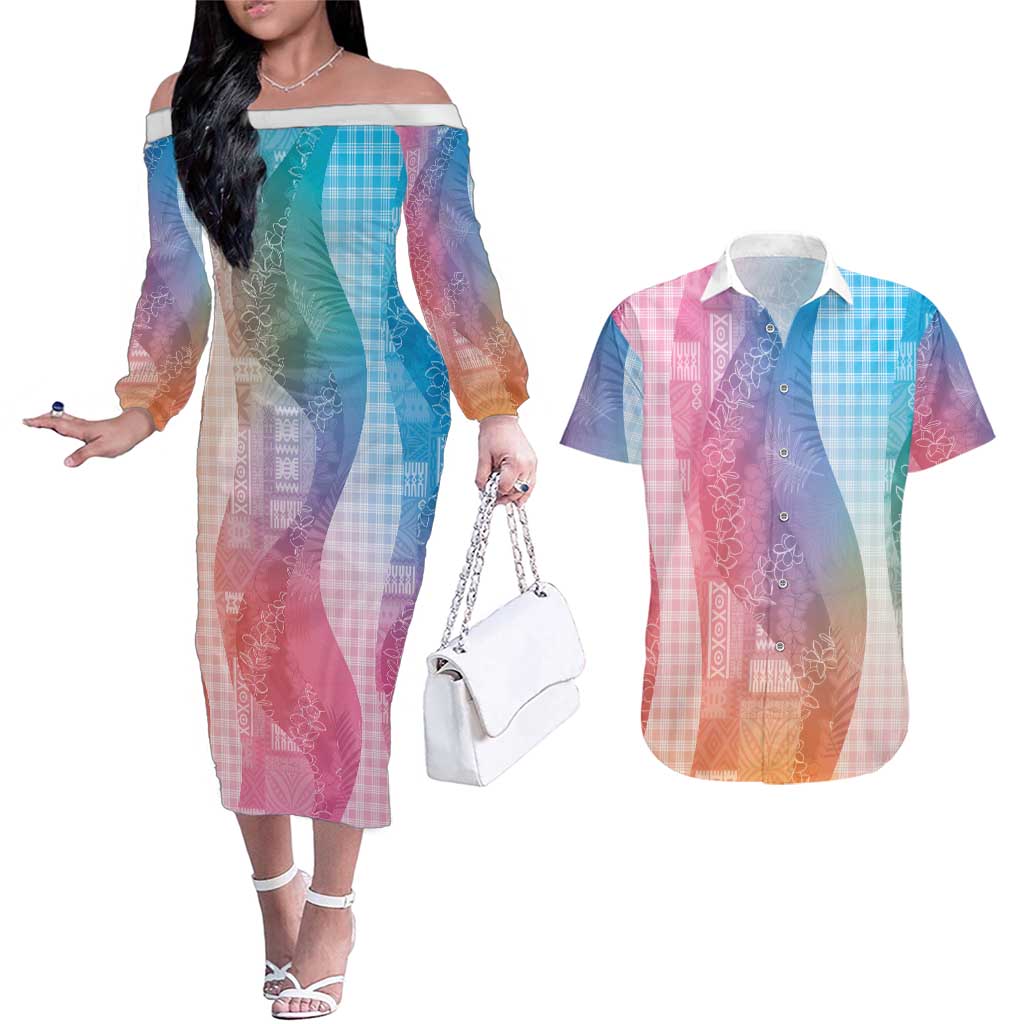 Polynesian Tribal Pattern Patchwork Picturesque Couples Matching Off The Shoulder Long Sleeve Dress and Hawaiian Shirt Holographic
