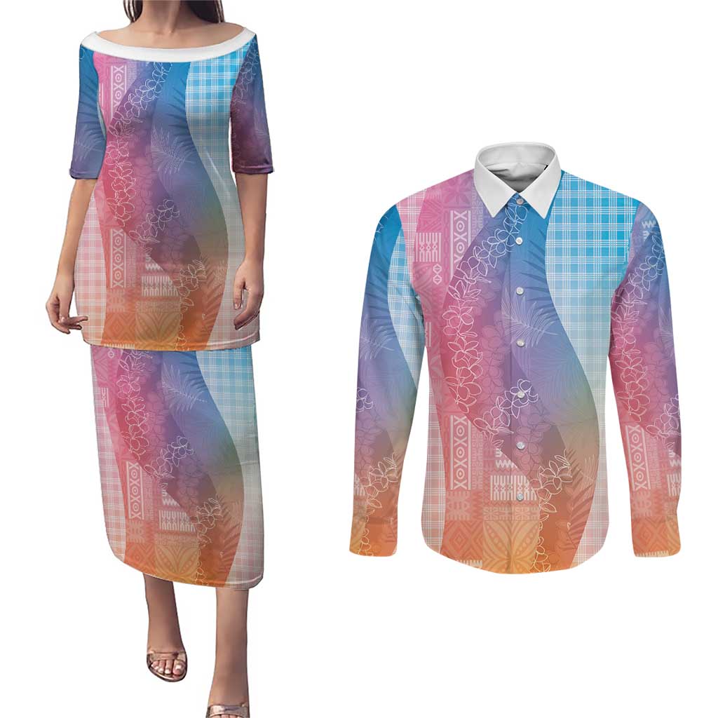 Polynesian Tribal Pattern Patchwork Picturesque Couples Matching Puletasi and Long Sleeve Button Shirt Holographic LT7 Holographic - Polynesian Pride