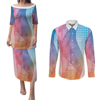 Polynesian Tribal Pattern Patchwork Picturesque Couples Matching Puletasi and Long Sleeve Button Shirt Holographic LT7 Holographic - Polynesian Pride