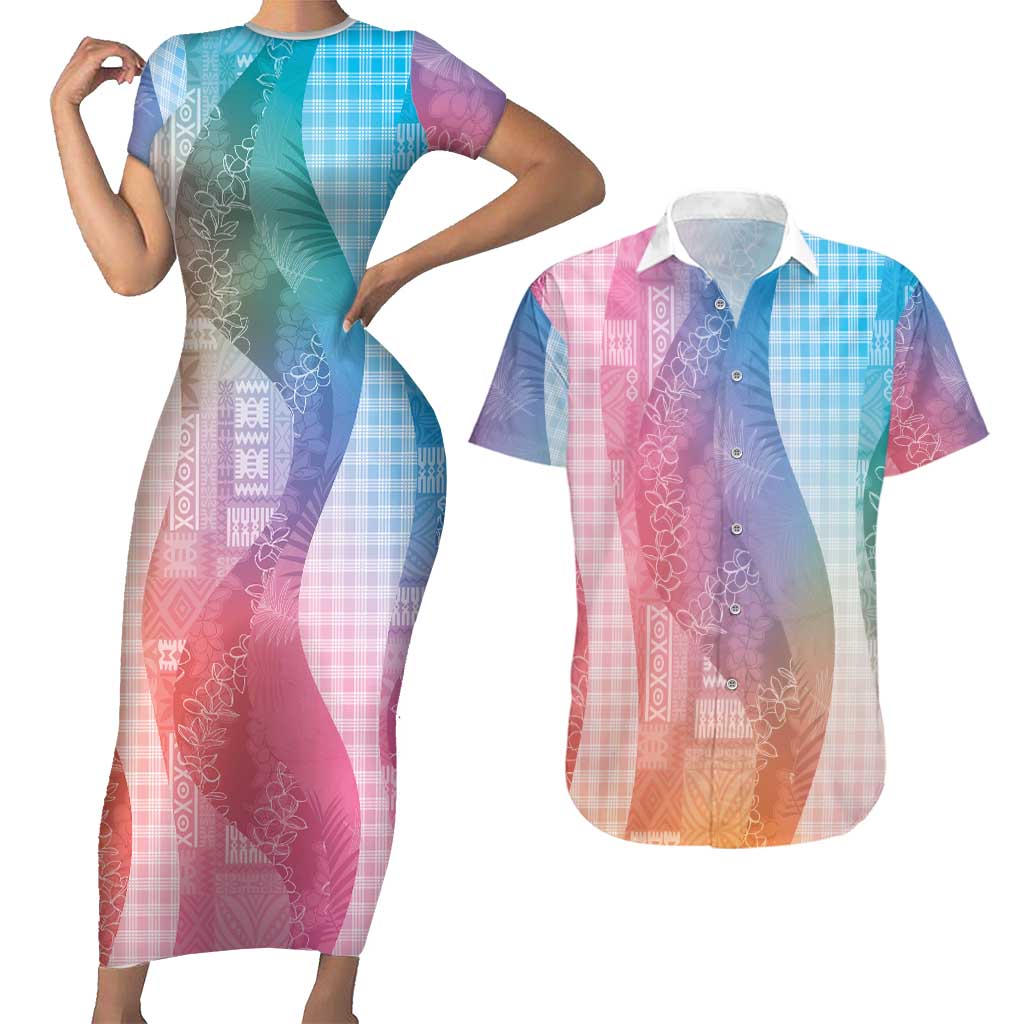 Polynesian Tribal Pattern Patchwork Picturesque Couples Matching Short Sleeve Bodycon Dress and Hawaiian Shirt Holographic