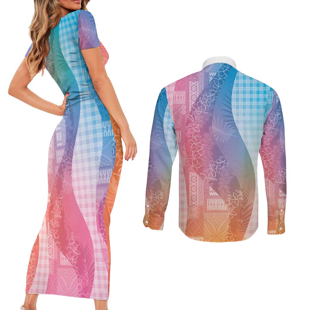 Polynesian Tribal Pattern Patchwork Picturesque Couples Matching Short Sleeve Bodycon Dress and Long Sleeve Button Shirt Holographic