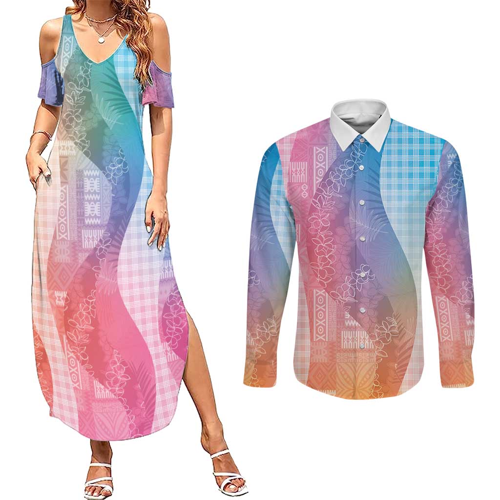 Polynesian Tribal Pattern Patchwork Picturesque Couples Matching Summer Maxi Dress and Long Sleeve Button Shirt Holographic LT7 Holographic - Polynesian Pride