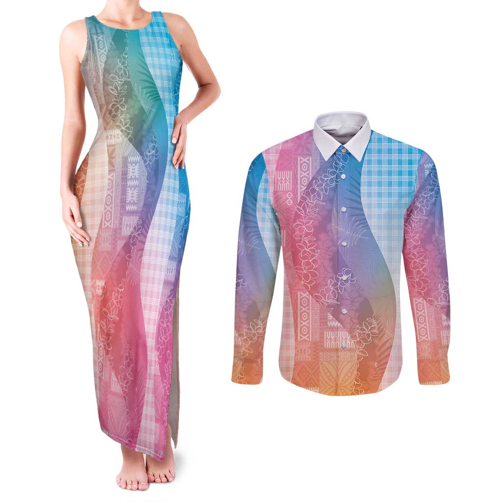 Polynesian Tribal Pattern Patchwork Picturesque Couples Matching Tank Maxi Dress and Long Sleeve Button Shirt Holographic LT7 Holographic - Polynesian Pride
