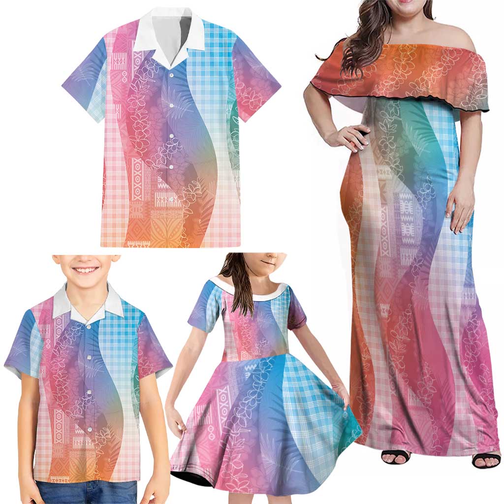 Polynesian Tribal Pattern Patchwork Picturesque Family Matching Off Shoulder Maxi Dress and Hawaiian Shirt Holographic LT7 - Polynesian Pride