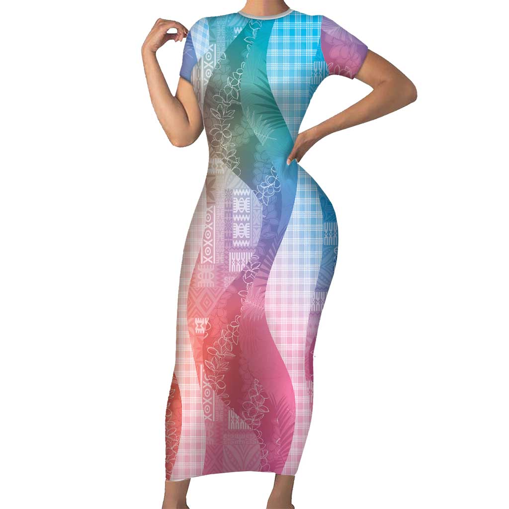 Polynesian Tribal Pattern Patchwork Picturesque Family Matching Short Sleeve Bodycon Dress and Hawaiian Shirt Holographic LT7 Mom's Dress Holographic - Polynesian Pride