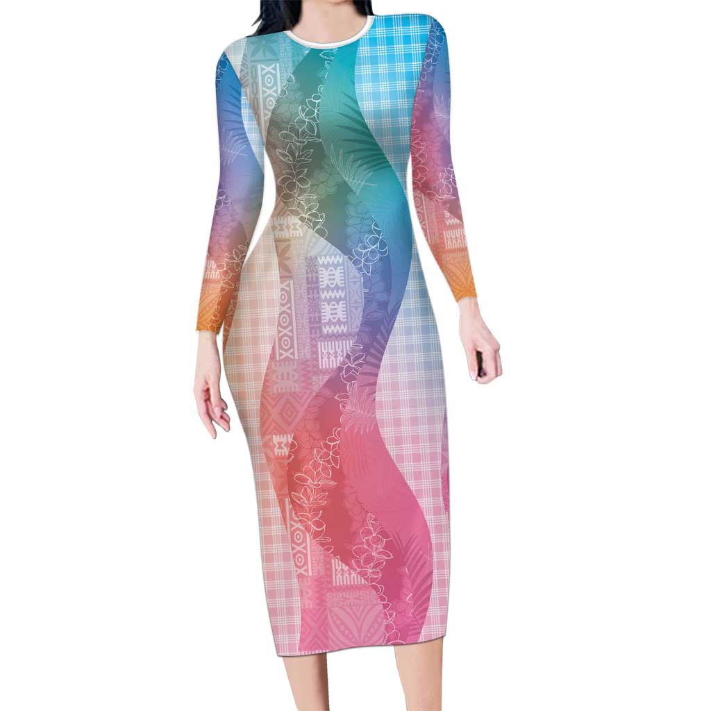 Polynesian Tribal Pattern Patchwork Picturesque Long Sleeve Bodycon Dress Holographic