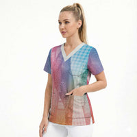 Polynesian Tribal Pattern Patchwork Picturesque Scrub Top Holographic