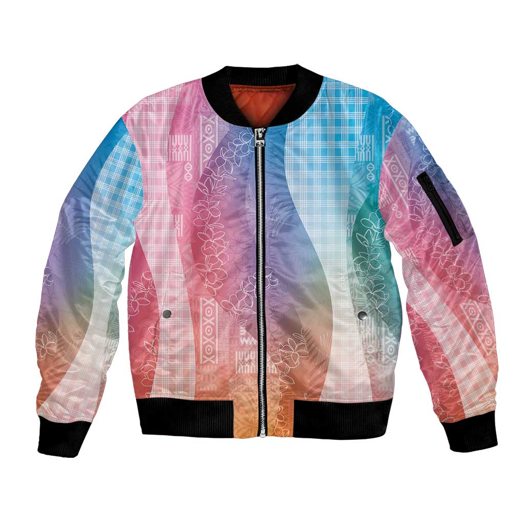 Polynesian Tribal Pattern Patchwork Picturesque Sleeve Zip Bomber Jacket Holographic