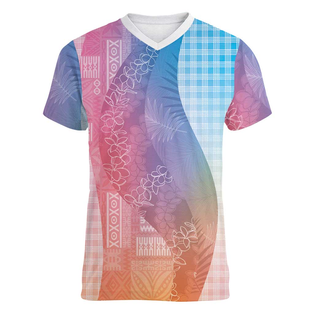 Polynesian Tribal Pattern Patchwork Picturesque Women V-Neck T-Shirt Holographic LT7 Female Holographic - Polynesian Pride