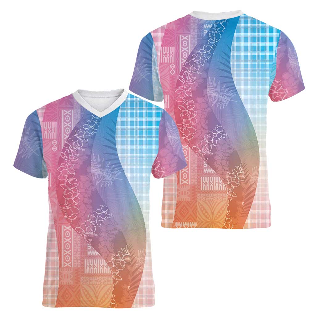 Polynesian Tribal Pattern Patchwork Picturesque Women V-Neck T-Shirt Holographic LT7 - Polynesian Pride