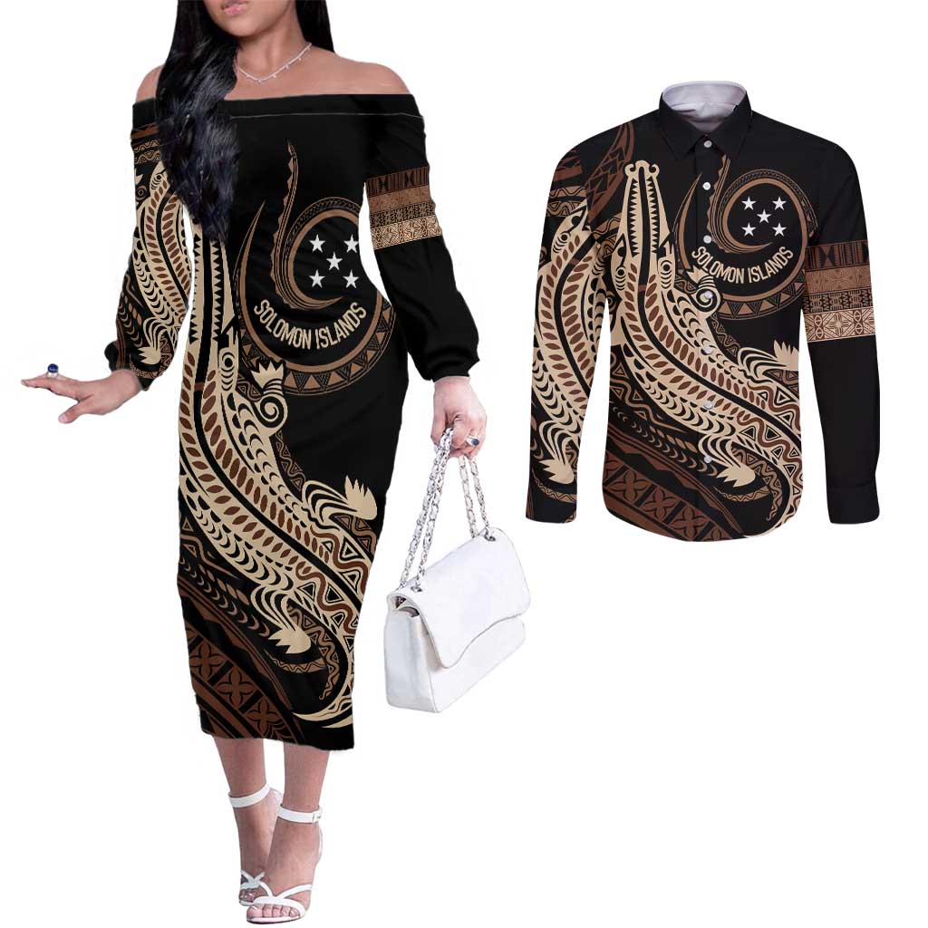 Personalized Solomon Islands Crocodile Couples Matching Off The Shoulder Long Sleeve Dress and Long Sleeve Button Shirt Hapi Isles - Independence Anniversary